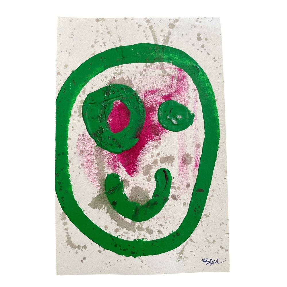 Original Abstract Smiley Face Mix Media Painting Green Pink 5.5 x 8.5 Signed Art
